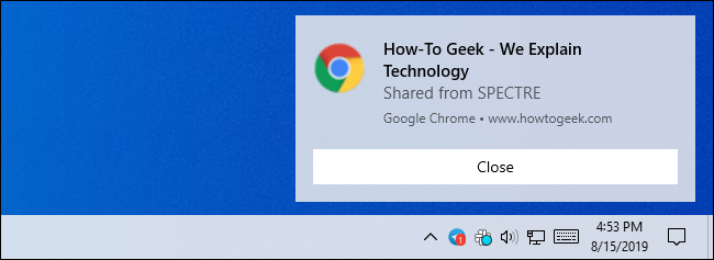 Notification for a shared tab in Google Chrome on Windows 10