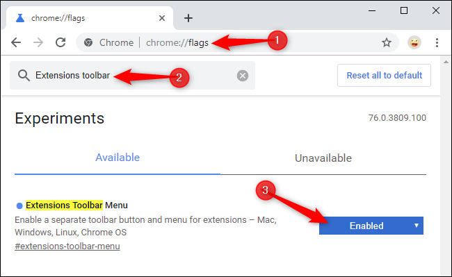 Enabling Chrome's new Extensions toolbar menu on the flags page
