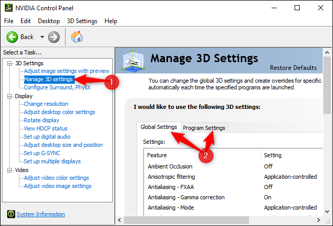 Managing 3D settings in the NVIDIA Control Panel
