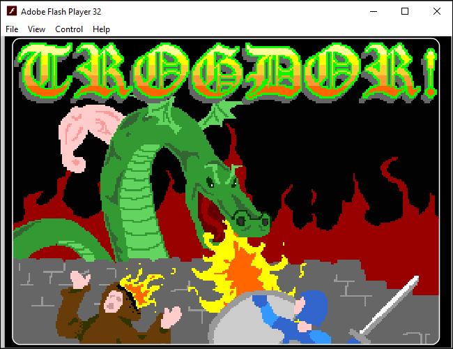 Trogdor game splash screen in the standalone Adobe Flash Player on Windows