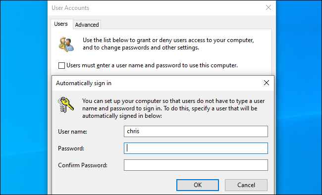 Enabling automatic sign-in on Windows 10
