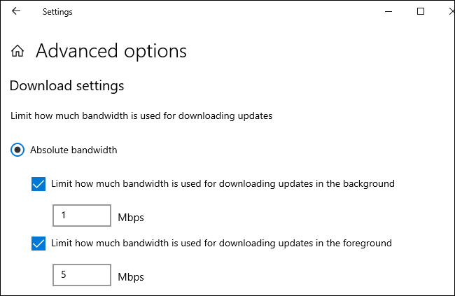 Setting a download and upload limit in Mbps for Windows 10's updates.