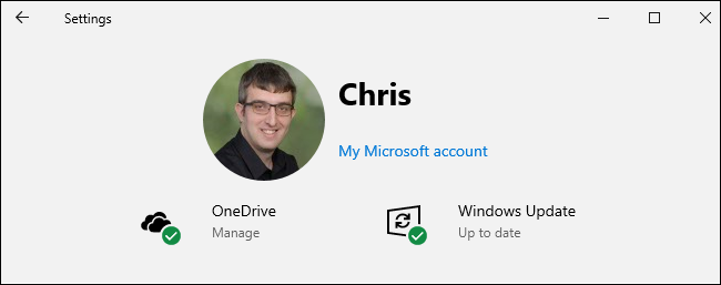 The new banner with your user account picture in the Settings app on Windows 10.