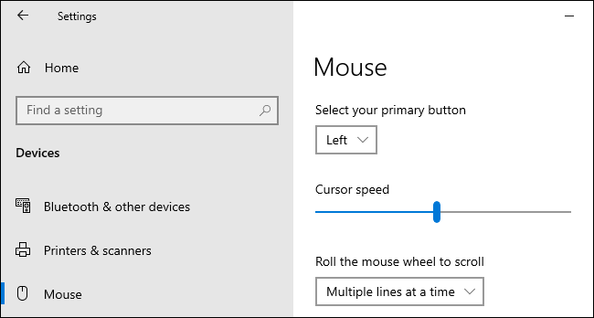 Setting a mouse cursor speed in Windows 10's Settings app.