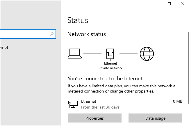 Windows 10 20H1's new network status options.