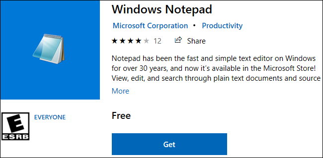 Windows Notepad available for download in the Windows 10 Store.