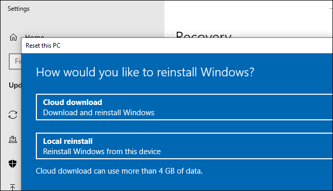 The Cloud Download option for resetting (or reinstalling) Windows 10.