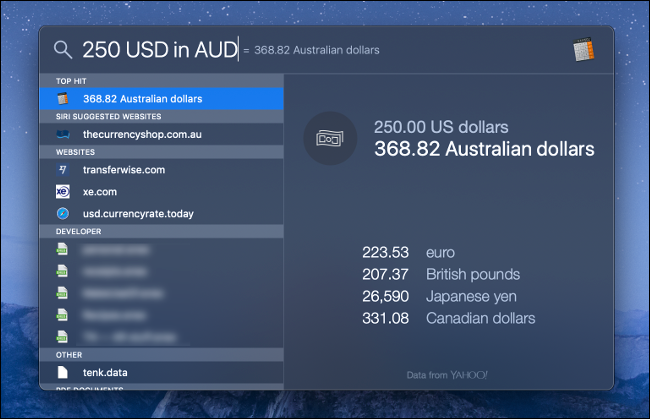 macOS Spotlight Search with Currency Conversion