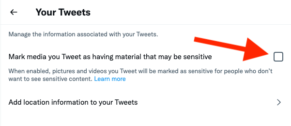 Uncheck the "Mark Media You Tweet as Having Material That May be Sensitive" box