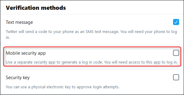 The &quot;Verification methods&quot; options, with the &quot;Mobile security app&quot; option highlighted.