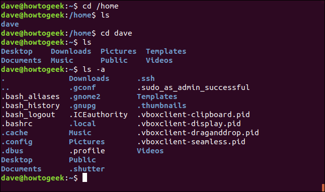cd /home and other commands to test the /home firectory in a terminal window