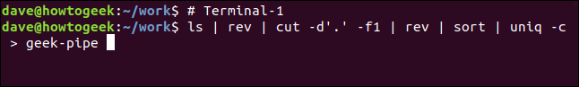 ls | rev | cut -d'.' -f1 | rev | sort | uniq -c > geek-pipe in a terminal window