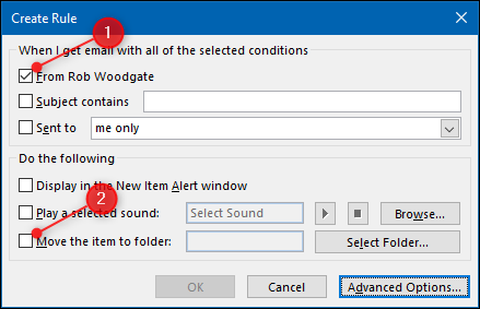 Click the checkbox next to the name of the person, and then click the &quot;Move the item to folder:&quot; checkbox.