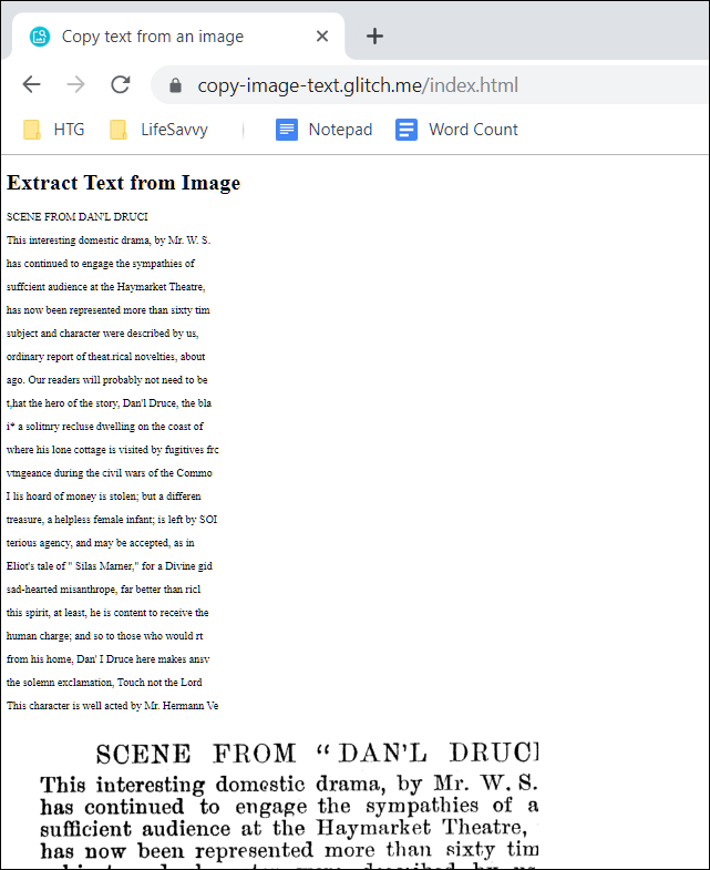 Extracted text on the copy-image-text website.