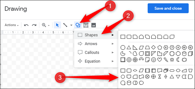 Click the icon with a circle over the square, hover over &quot;Shapes,&quot; and then click the shape you want.