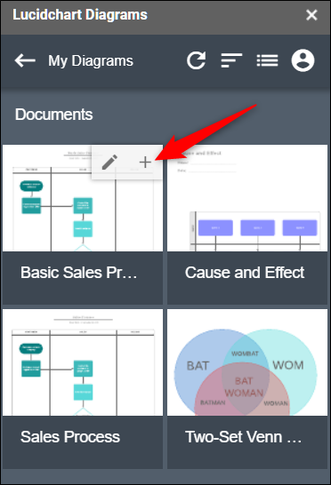 Click the plus sign (+) to insert a diagram into your document.