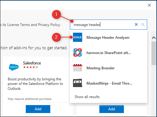 The add-ins search box, with the &quot;Message Header Analyzer&quot; result highlighted.