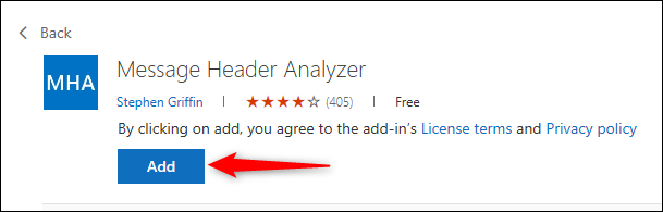 The &quot;Message Header Analyzer&quot; add-in with the Add button highlighted.