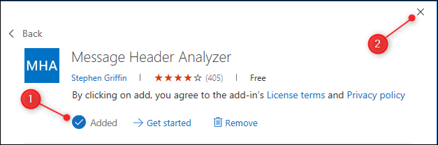 &quot;The Message Header Analyzer&quot; add-in with the &quot;close window&quot; button highlighted.