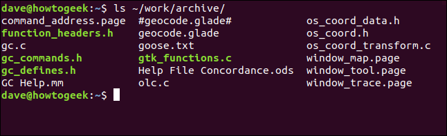 ls ~/work/archive in a terminal window