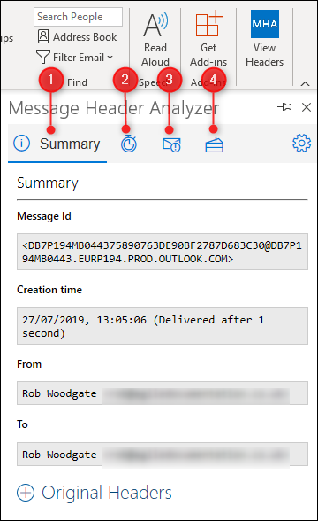 The &quot;Message Header Analyzer&quot; window with the different options highlighted.