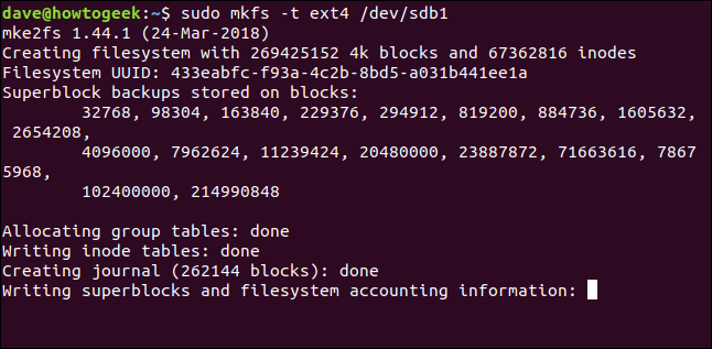 Output from the mkfs command in a terminal window