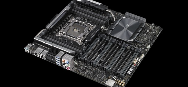 An Asus motherboard for Xeon processors on a black background.