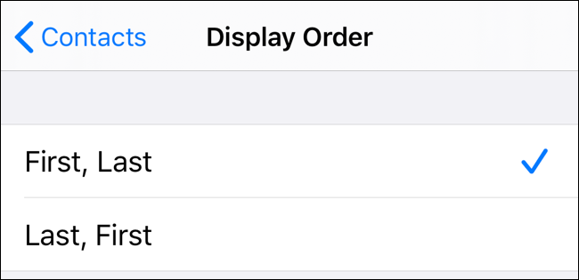 Choose options for Display Order in Contacts