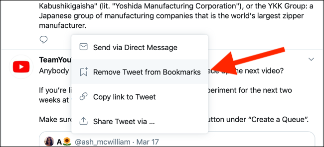 Click on Remove Tweet from Bookmarks to remove from the bookmarks section