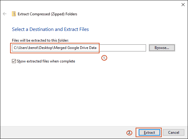 Change your destination folder to match your Google Backup merge folder, and then click Extract