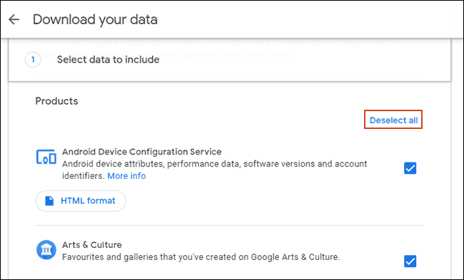 Click Deselect all in the Google Download your data tool