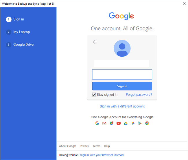 Sign in to your Google Account at the first stage of Google Backup and Sync setup