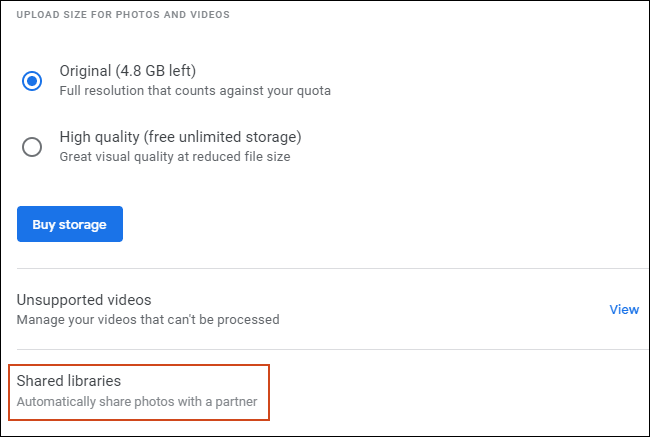 In the Google Photos settings area, click Shared Libraries