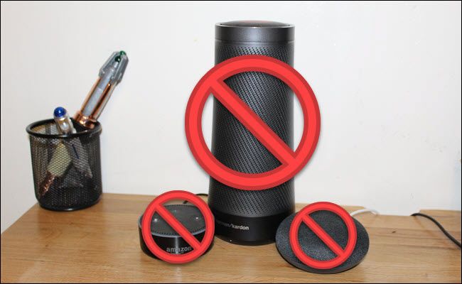 An Echo, Cortana Speaker, and Google Home with &quot;no&quot; symbols in front of them.