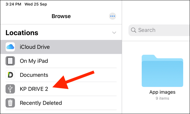 Select your flash drive from Locations section in Files app