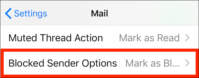 Tap on Blocked Sender Options in Mail Settings
