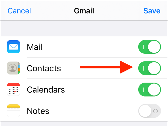 Tap on toggle next to Contacts to enable contacts sync