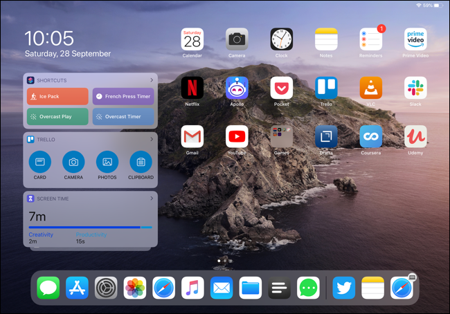 Widgets shown on iPad Pro Home screen in landscape view