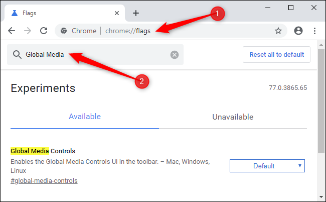 Enabling global media controls in Google Chrome.