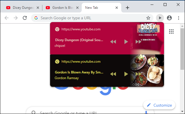 Multiple websites showing playback controls on Chrome's browser toolbar.
