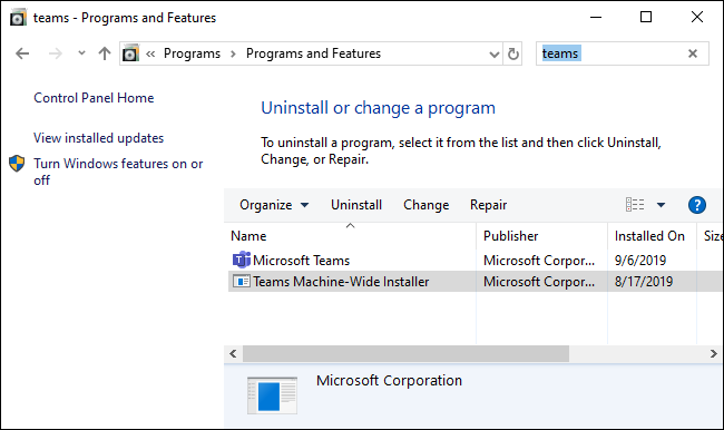 Removing Microsoft Teams via the Control Panel.