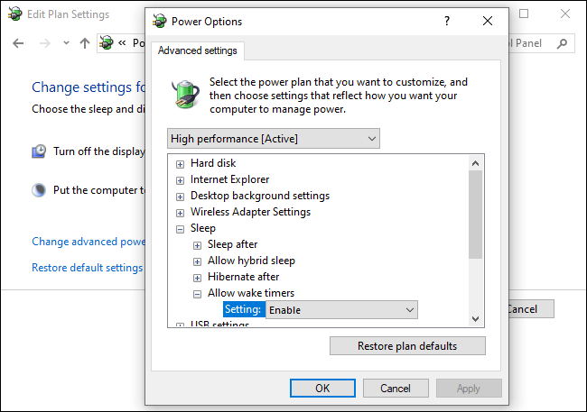 Enabling wake timers in Windows 10's control panel