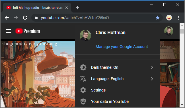 YouTube's webside with the dark theme enabled