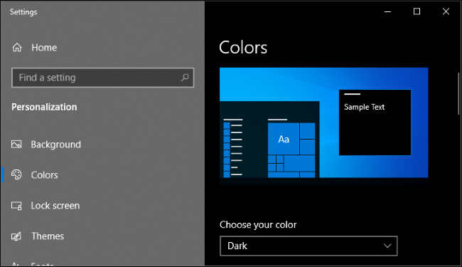 Enabling dark mode in Windows 10's Settings app