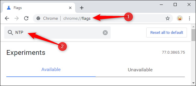 Searching for NTP flags on Chrome's Flags page.