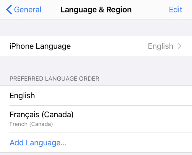 Multiple languages in the Preferred Language Order list on an iPhone.