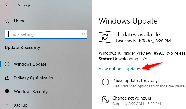 Viewing optional updates on Windows Update's Settings screen.