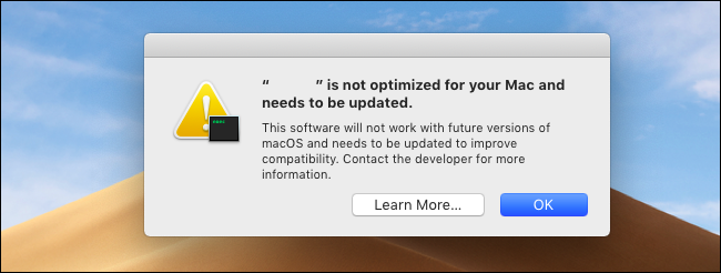 The 32-bit app warning message on macOS Mojave.