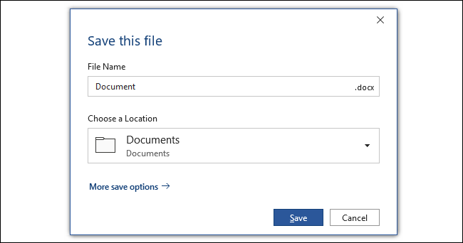 Office's save dialog with your documents folder selected by default.