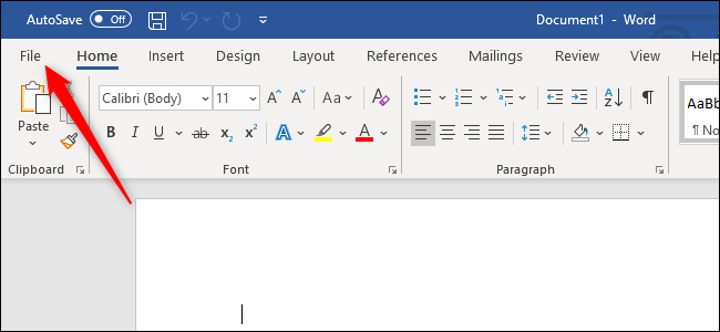 Opening the File menu in Microsoft Word.